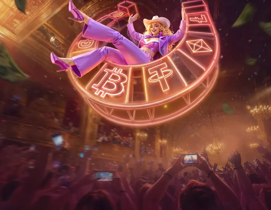 WestAce Casino – the cowgirl sitting astride a glowing roulette wheel circled by crypto symbols; crypto casino welcome banner
