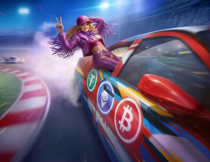 WestAce Casino – the cowgirl lounging on a race car's bonnet among crypto coins; crypto sports welcome banner